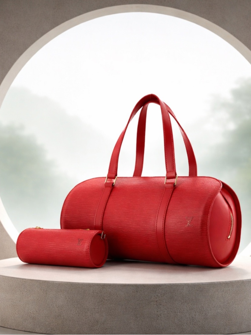 Authentic Louis Vuitton Red Epi Soufflot Handbag With Pouch.